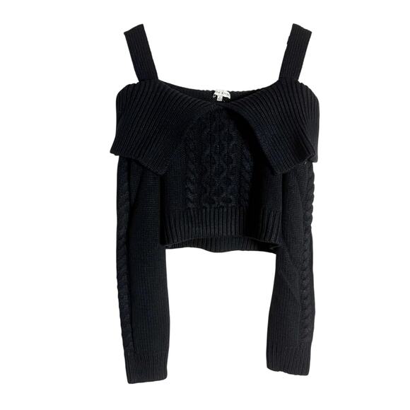 Moon River Black Cable Knit Collared Off Shoulder Cropped Sweater Size Large - Picture 5 of 11